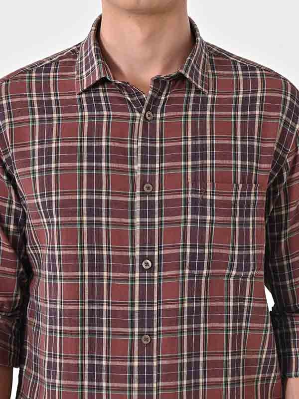 Indian Terrain Men's Regular Fit Full Sleeve Checkered Brown Shirt